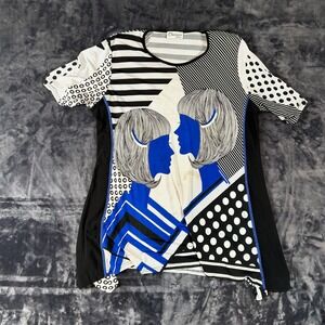 Classics & More Tunic Top Women L Blue Pop Art Graphic Face Sharkbite Hem Stripe